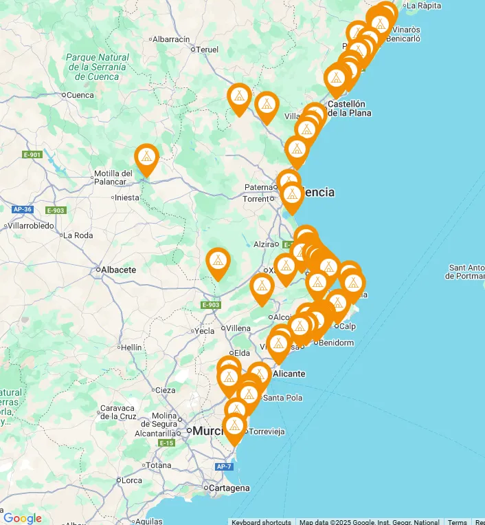 Campsites Region Valencia Map